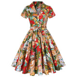 Print Black Pinup Women Cotton Midi Flare Dresses Short Sleeve Knee-Length Floral Print Sundress 50s Swing Party Retro