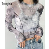 Black White Tie Dye Mesh Tops Women Sexy Slim Crop Top Long Sleeve See Through Semitransparent T Shirts Summer