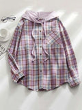 Autumn Plaid Shirt Women Hooded Button Up Shirt Female Ladies Loose Checkered Shirt For Women