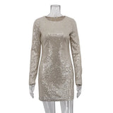 Zingj Women's New Fashion Sequins Pack Hip Skirt Nightclub Party Long Sleeve Mini Dress Women-Outfit