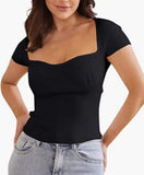 Zingj Sell Versatile New Fashion Slim Square Neck Stretch Shoulder Short Sleeve Sweater Sweater Woman-Outfit