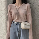 Solid Color V-Neck Oversized Knitted Tee-Outfit