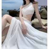 Zingj Sense French Pure Desire Hot Girl Inclined Shoulder Show Waist Atmosphere Sense Vacation Super Fairy Big Romantic Dress White