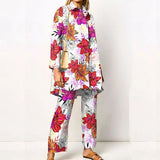 Turn Down Collar Blouse + Wide Leg Pants Outfits Women Autumn Long Sleeve Tee Suit Elegant Floral Printed Two Piece