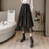 Women Winter Tulle Long Skirt High Waist Ruffles White Pleated Skirts Gothic Black Jupe Femme Skirt Saia Midi Faldas