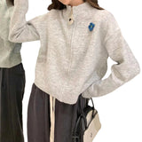 Zingj And Autumn New Three-Dimensional Flower Gray Zipper Half Turtleneck Sweater Coat Female Versatile Loose Short Knit Cardigan-Outfit