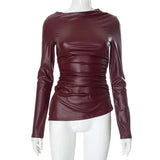 Faux Leather Long Sleeve Ruched Top- Outfit
