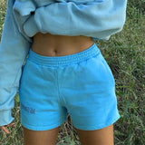 movement Shorts pants Women Elastic High Waist Beyouare Summer Blue English Letter printing Loose Solid Lady
