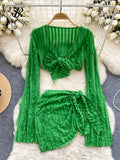 American Holiday Beach Suits Flare Sleeve V Neck Crop Top+One Piece Slim Skirt Fashion Folds Bandage Two Pieces