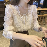 Lace Chiffon Blouse Women Sweet Puff Long Sleeve Lace-up Women's Shirt French Square Collar Flower Loose Top Blusas