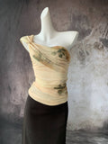 Zingj God Venus Diagonal Shoulder Top Greek Oil Painting Open Shoulder Mesh Gauze Print Pink Pure Desire Hot Girl