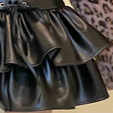 Lace up short black leather skirt women high waist Mini tiered ruffle skirt vintage gothic faux leather skirts 2023