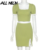 E-girl Cute Ribbed Square Collar Puff Sleeve with Lace Crop Tops and Mini Skirt 2 Piece Sets Y2K Fashion Matching