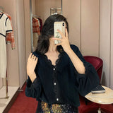 Women V-Neck Clothes Button Up Shirt All-match Aesthetic Chic Popular Korean Style Charm Classy Feminino Slim Ins
