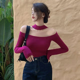 Off Shoulder Sweaters For Women Knitted Long Sleeve Solid Color Sweater Chic Hong Kong Style Tops