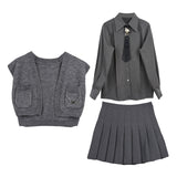 Skirt Set Women Salt Sweet Street 2023 Spring/autumn Tie + Shirts + Sweaters Vests + Pleated Skirts Ladies Three Piece