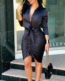 V-neck Lace-up Solid Color Long Sleeve