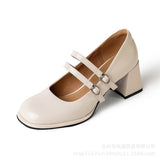 Zingj Shoes Women's New Vintage Mary Jane Heels Square Head Fashion Lady Single Shoes-Outfit