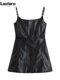 Spring Autumn Black Faux Leather Spaghetti Strap Mini Dress Women with Chain Short Sexy Backless Fitted Clothing
