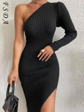 2021 Knit Dress Bodycon Women Green Midi Black Sexy Autumn Winter Long Sleeve Sweater Party Dresses Elegant Khaki
