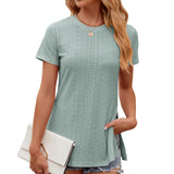 Zingj 2024 New Round Collar Solid Color Slit Short-Sleeve Loose T-Shirt Top-Outfit