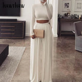 Women Autumn Winter Long Sleeve Crop Tops Straight Wide Leg Long Pants Two Pieces Sets 2020 Falll Clothes