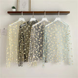 Autumn Women Casual Mesh Pattern Daisy Flower Printed Blouse Tops Girls Mesh Shirts See Through Shirt For