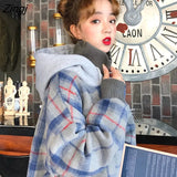 Women Plaid Turtle-neck Hooded Fake Two Pieces Womens Winter Thickening BF Harajuku Hot Sale Kpop Hoodie Ins