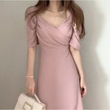 French Women's Dresses Summer Elegant V Neck Short Sleeve Chiffon Dress Party Midi Dress Casual Women Clothing