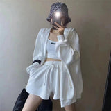3Pieces Sets Sexy Camisole Elastic Wide Leg Shorts Hooded Lantern Long Sleeve Hoodies Coat Zipper Sweatshirts Women