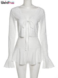 Puss Sexy Beach Vacation Women 2Piece Set Breathable Flare Sleeve Crop Top+Pleated Shorts Matching Party Clubwear