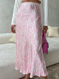 Pink Printed Satin Midi Straight Skirt- Outfit