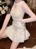 Kawaii Lolita Mini Skirt Women Winter Lace Casual Elegant Sweet Female Skirt High Waist Bandage Korean Skirt 2022