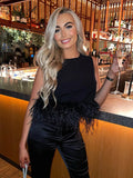 2022 Satin Sleeveless Crop Top Feathers Women Black Off Shoulder Summer White Cami Y2K Sexy Tank Tops Club