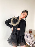 Heart Mesh Black Cropped Jacket For Women 2021 Fall Fashion Designer Coat Shacket Outerwear Korean Jacket
