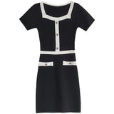 A Real Shot Of The New Hong Kong Sexy Girl Matching Color Square Collar Knitted Medium-Length Dress With Small Fragrance Wind Bag Hip