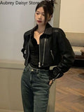 Black Cropped Leather Jacket Women Streetwear Zipper Moto Leather Jacket High Street Vintage Soft Faux Leather Coats