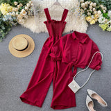 Two Pieces Set Women Loose Short Sunscreen Jacket + Suspending Rompers Clothing Female Casual Holidays