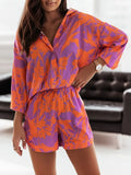 Women Lapel Buttoned Shirts + Pocket Shorts Suits Office Lady Two Piece Sets Retro Pattern Printed Long Sleeve
