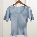 Ribbed Maille T-Shirt Women Summer Ruffles Elastic Slim Square Neck Elegant Tshirt Tops 2021 Fashion Tees