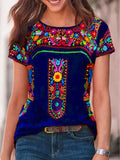 Spring and Summer Women's Blouse Bohemia Printed Round Neck Short Sleeve T-shirt Women's Ethnic Style Street Ladies'
