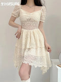 Sexy Sweet Lace A-Line Dress See Through Slim Square Collar Puff Sleeve Mini Dresses For Women 2022 Summer Fashion