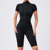 Zingj Waist Open Collar Zipper Short Sleeve Yoga Onesie Women's Net Fitness Tight Sports Onesie 41180-Outfit