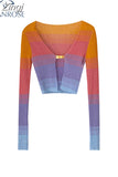 Long Sleeve T Shirt Women's Basic Korean Vintage Knitted Rainbow Stripe Crop Tops Femme High Street Casual Slim Tee