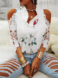 Hollow Out Printed Women Blouses Summer Female Strapless Blouse Casual Tops V-Neck Elegant Short Sleeve Lace Shirts