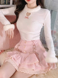 Kawaii Lolita Mini Skirt Women Winter Lace Casual Elegant Sweet Female Skirt High Waist Bandage Korean Skirt 2022