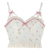 Tops Women Summer Tulip Pattern Lace Trim Bows Decoration Crop Top Sweet Girl Camis Kawaii