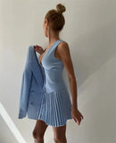 Solid V-neck Vest And Pleated Mini Skirt Set-Outfit