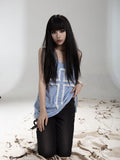 Aesthetic Tank Top Women Gothic Punk Cross Patchwork Harajuku Streetwear Sleeveless Tee Pleated Bandage Fairy Grunge