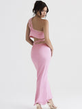 2 Pieces Set Sexy Elegant Pink One Shoulder Crop Top and Long Skirt Set Satin Evening Night Party Dresses Women Outfit